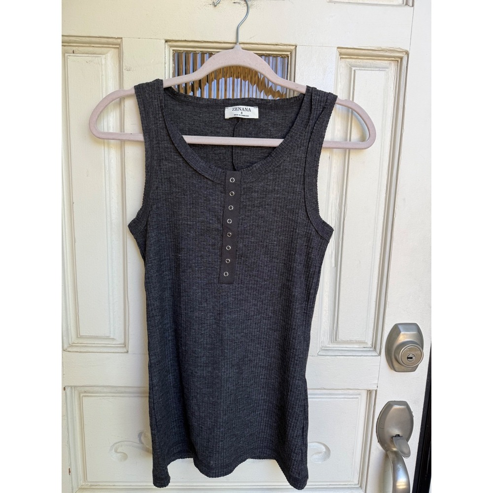 Zenana Womens Charcoal Gray Ribbed Henley Tank Top Snap Button Size Small
